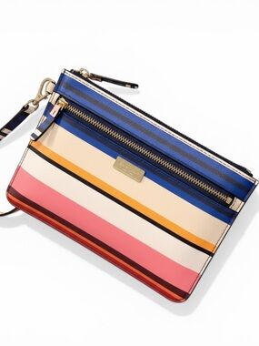 kate spade Striped Wristlet in Blue, Pink & Cream with Gold Hardware